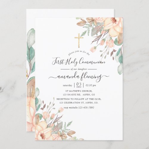 Blush Pink Floral Girl First Holy Communion Invitation