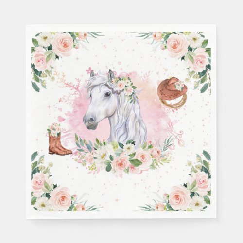 Blush Pink Floral Girl Horse Birthday Party Napkins