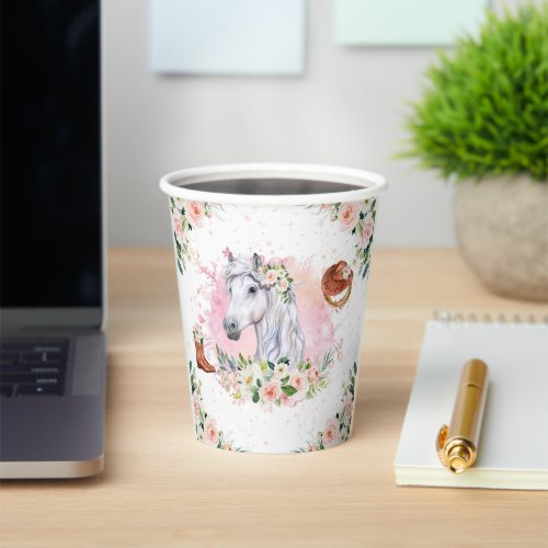Blush Pink Floral Girl Horse Birthday Party Paper Cups
