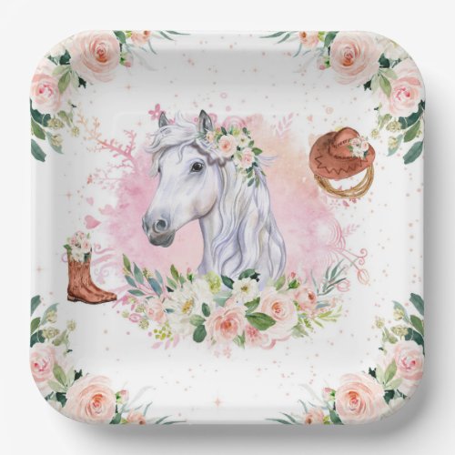 Blush Pink Floral Girl Horse Birthday Party Paper Plates