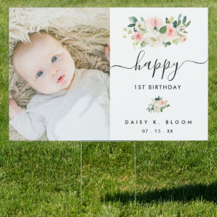 Blush Pink Floral Girl Photo Birthday Sign