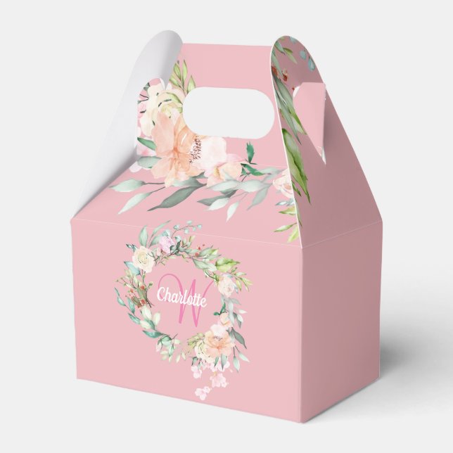 Blush Pink Floral Girly Script Monogram Favor Boxes (Front Side)
