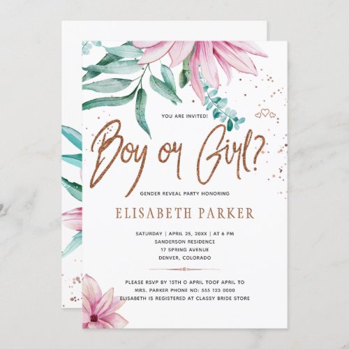 Blush pink floral glitter baby gender reveal party invitation