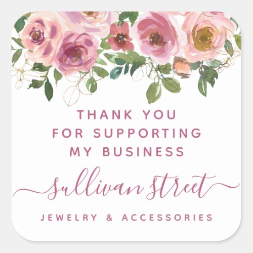 Blush Pink Floral Glitter Business Thank You  Square Sticker