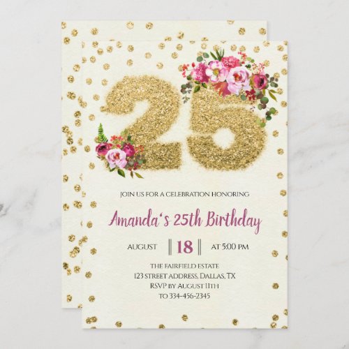 Blush Pink Floral Gold 25th Birthday Invitation