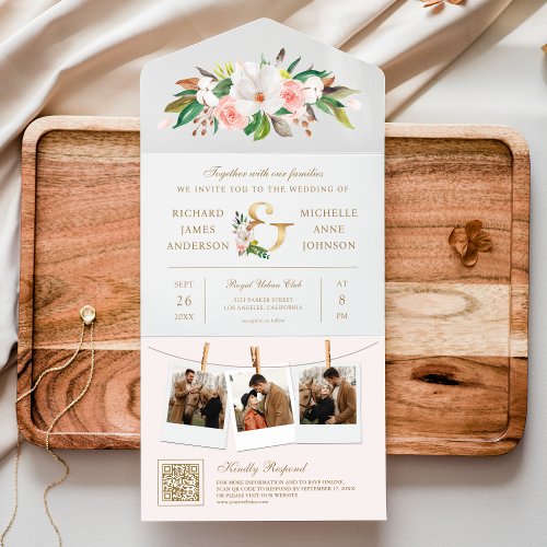 Blush Pink Floral Gold Ampersand QR Code Wedding All In One Invitation