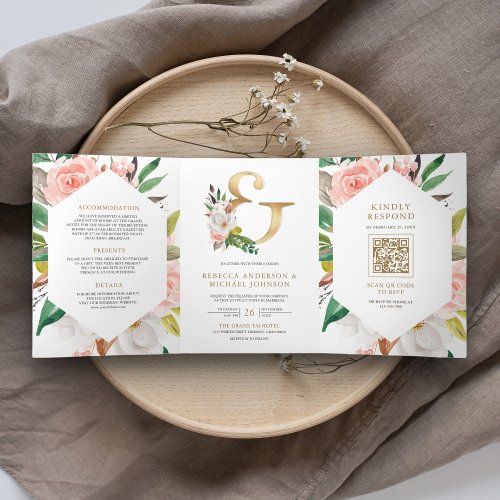 Blush Pink Floral Gold Ampersand QR Code Wedding Tri_Fold Invitation