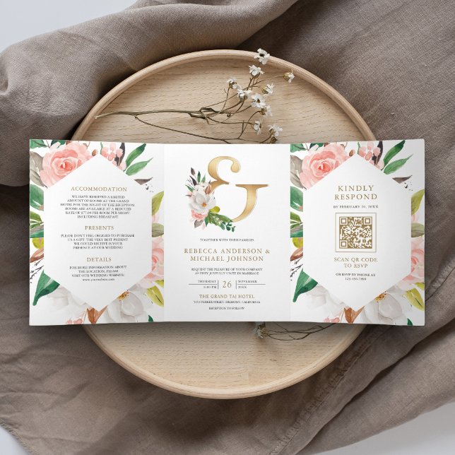 Blush Pink Floral Gold Ampersand QR Code Wedding Tri-Fold Invitation (Creator Uploaded)