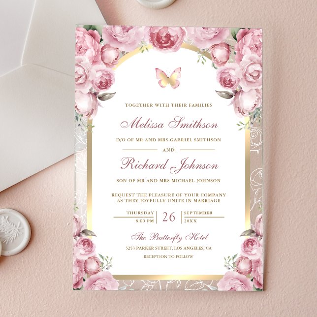 Blush Pink Floral Gold Arch Butterfly Wedding Acrylic Invitations (Creator Uploaded)
