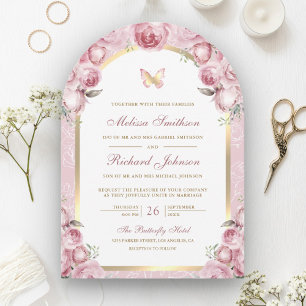 Blush Pink Floral Gold Arch Butterfly Wedding Invitation
