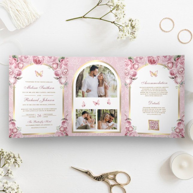 Blush Pink Floral Gold Arch Butterfly Wedding Tri-Fold Invitation (Creator Uploaded)