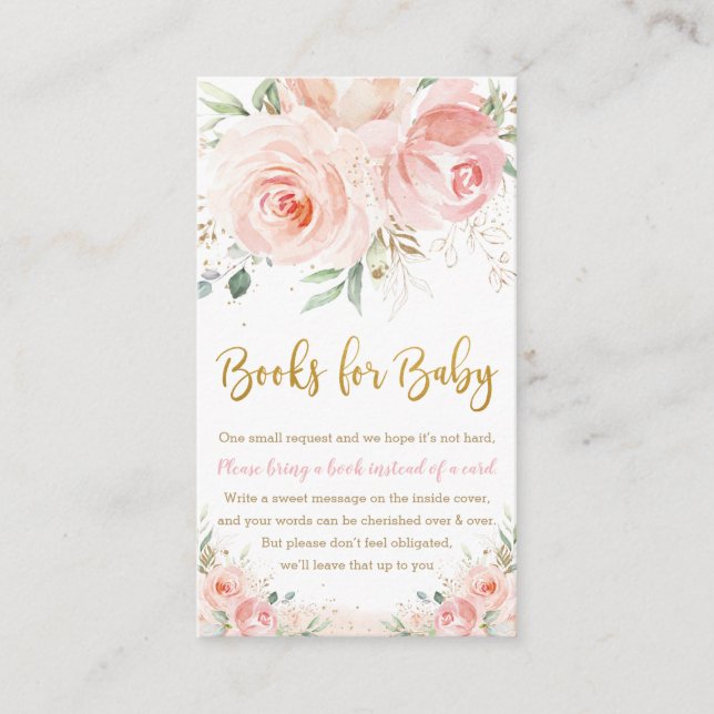 Blush Pink Floral Gold Baby Shower Books for Baby Enclosure Card (Front)