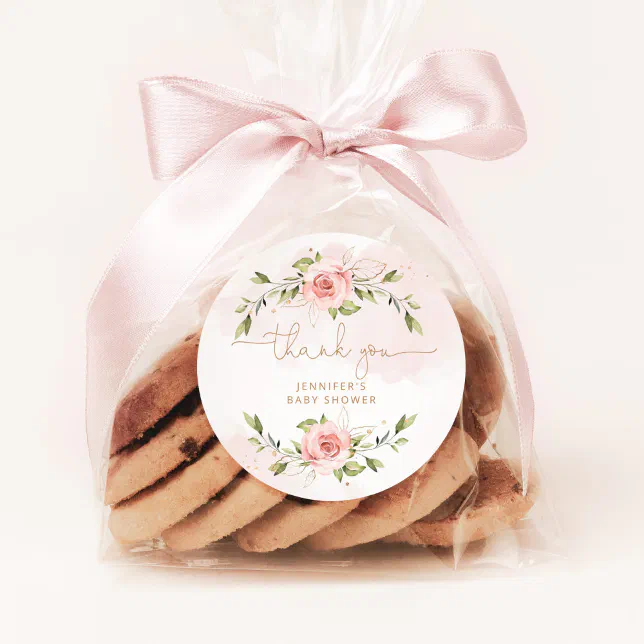 Blush pink floral gold baby shower thank you classic round sticker | Zazzle