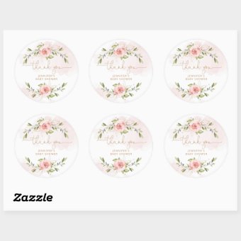 Blush pink floral gold baby shower thank you classic round sticker | Zazzle