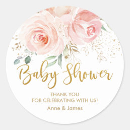Blush Pink Floral Gold Baby Shower Thank You Favor Classic Round Sticker