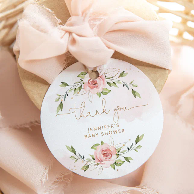 Blush pink floral gold baby shower thank you favor tags | Zazzle
