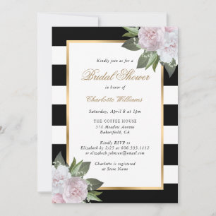 Blush Pink Floral Gold Black White Bridal Shower Invitation