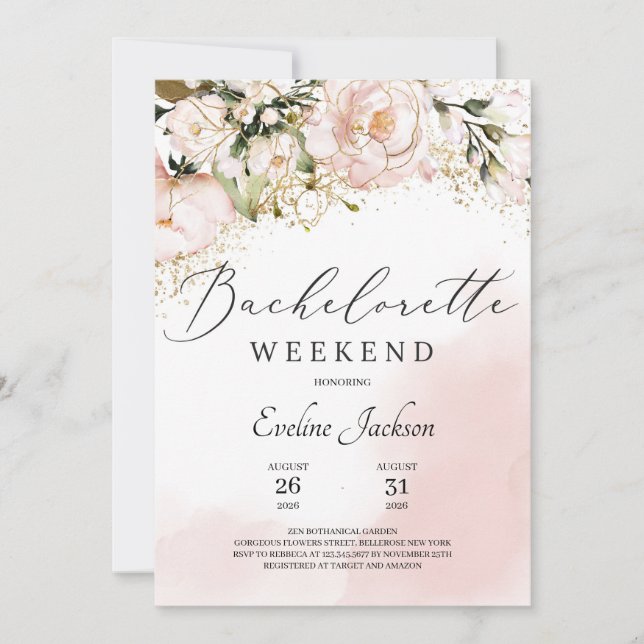 Blush pink floral gold boho bachelorette party invitation (Front)