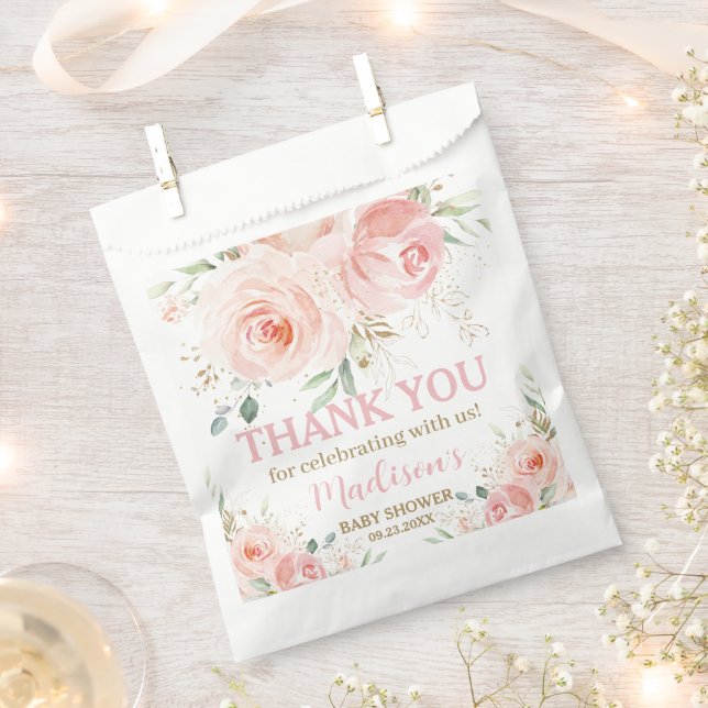 Blush Pink Floral Gold Bridal Baby Shower Birthday Favor Bag (Clipped)