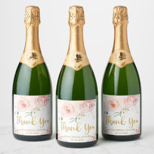Blush Pink Floral Gold Bridal Baby Shower Birthday Sparkling Wine Label