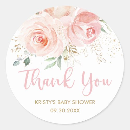Blush Pink Floral Gold Bridal Baby Shower Favor Classic Round Sticker