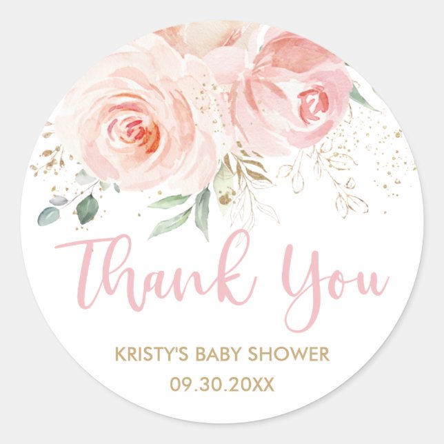 Blush Pink Floral Gold Bridal Baby Shower Favor Classic Round Sticker (Front)