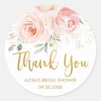 Blush Pink Floral Gold Bridal Baby Shower Favor Classic Round Sticker