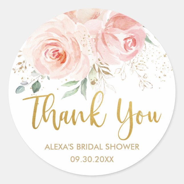 Blush Pink Floral Gold Bridal Baby Shower Favor Classic Round Sticker (Front)