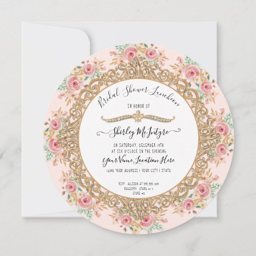 Blush Pink Floral Gold Bridal Shower Luncheon Invitation