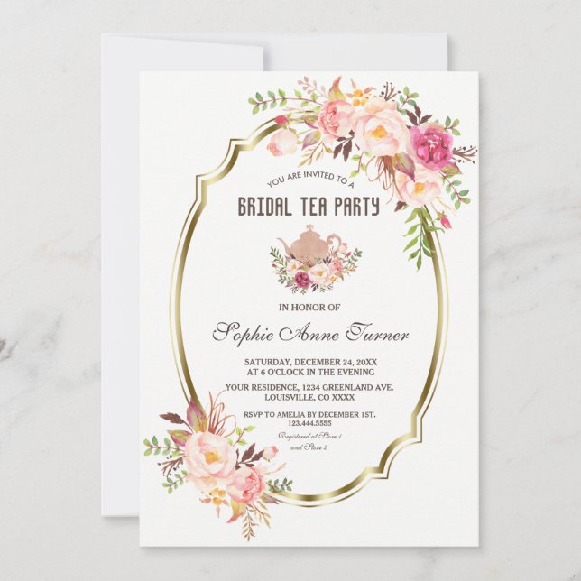 Blush Pink Floral Gold Bridal Shower Tea Party Invitation (Front)