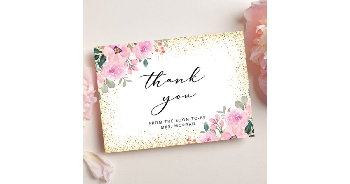 Blush Pink Floral Gold Bridal Shower Thank You Card | Zazzle