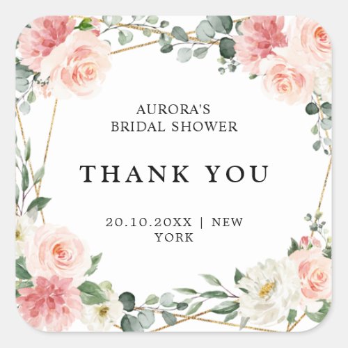 Blush Pink Floral Gold  Bridal Shower Thank You Square Sticker