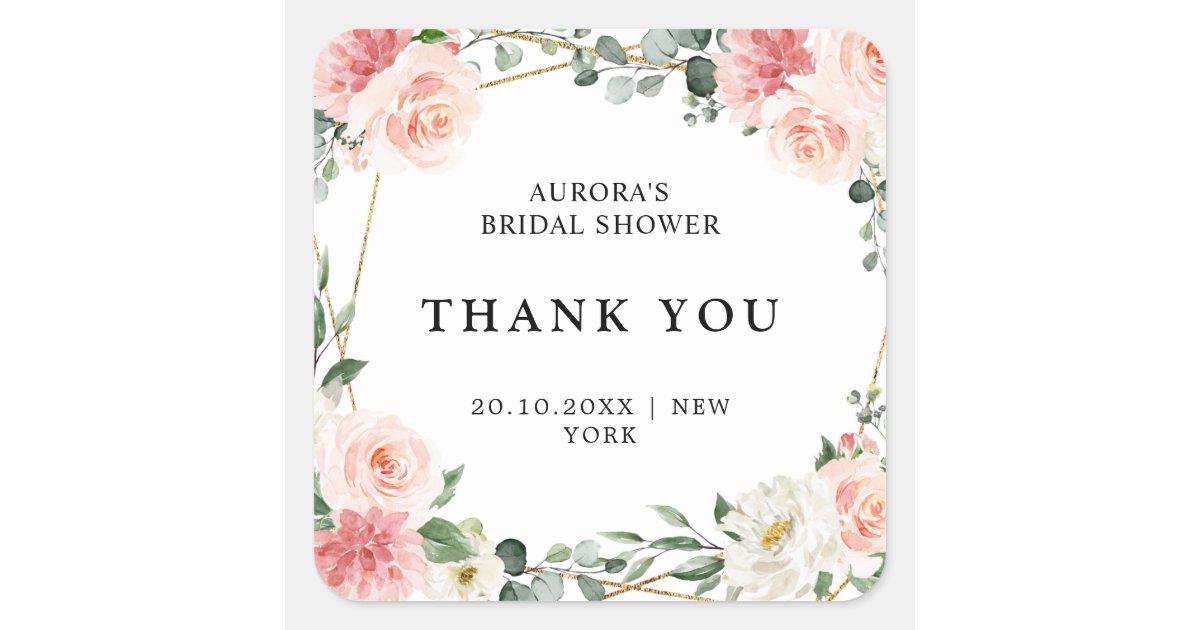 Blush Pink Floral Gold Bridal Shower Thank You Square Sticker | Zazzle