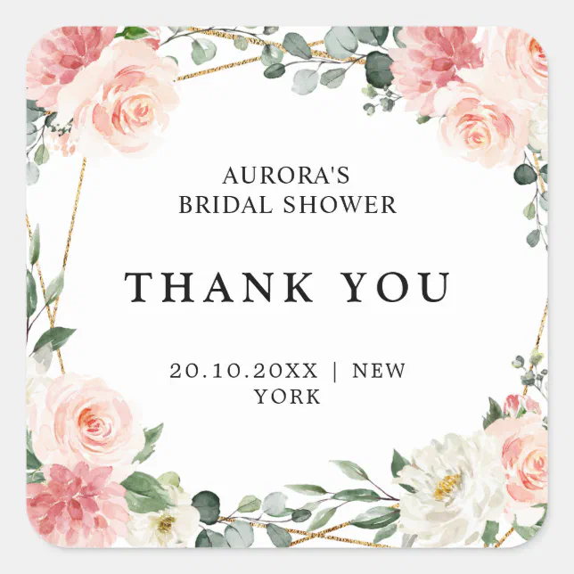 Blush Pink Floral Gold Bridal Shower Thank You Square Sticker | Zazzle