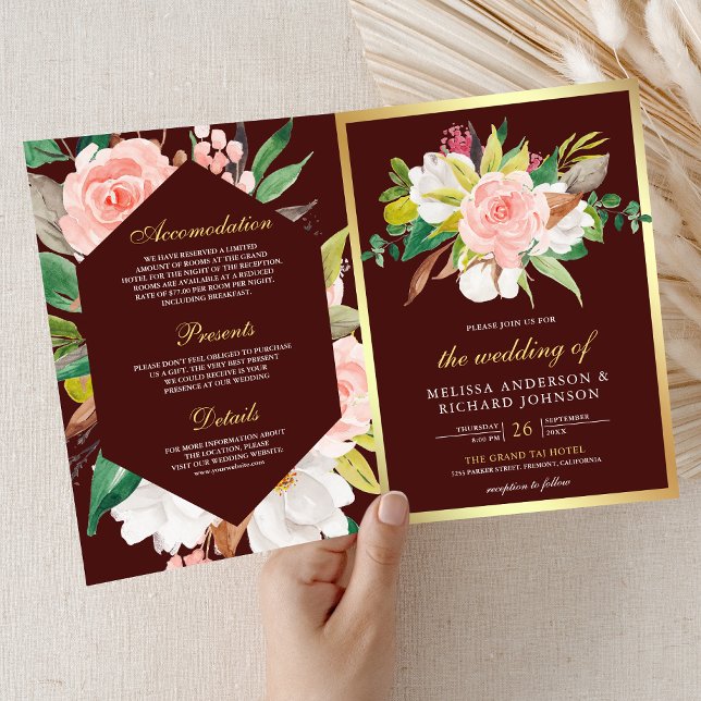 Blush Pink Floral Gold Burgundy QR Code Wedding Invitation (Creator Uploaded)
