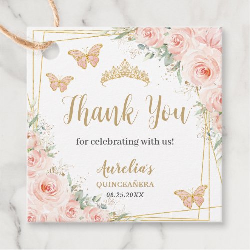 Blush Pink Floral Gold Butterfiles Quinceanera  Favor Tags