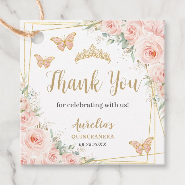 Blush Pink Floral Gold Butterfiles Quinceanera  Favor Tags (Front)