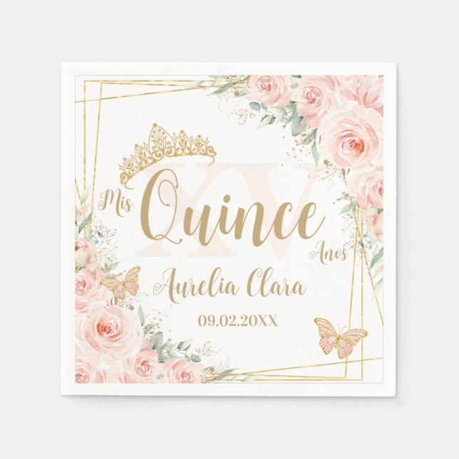 Blush Pink Floral Gold Butterfiles Quinceanera XV  Napkins (Front)