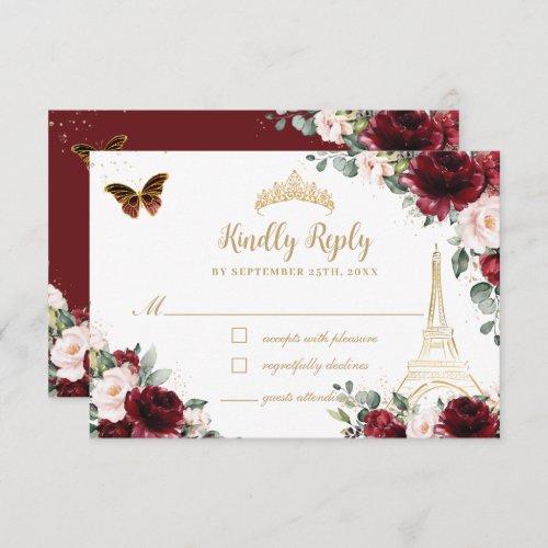 Blush Pink Floral Gold Butterfly Paris Quinceaera RSVP Card