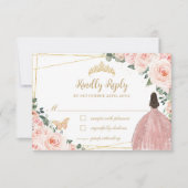 Blush Pink Floral Gold Butterfly Quinceañera Dress RSVP Card (Front)