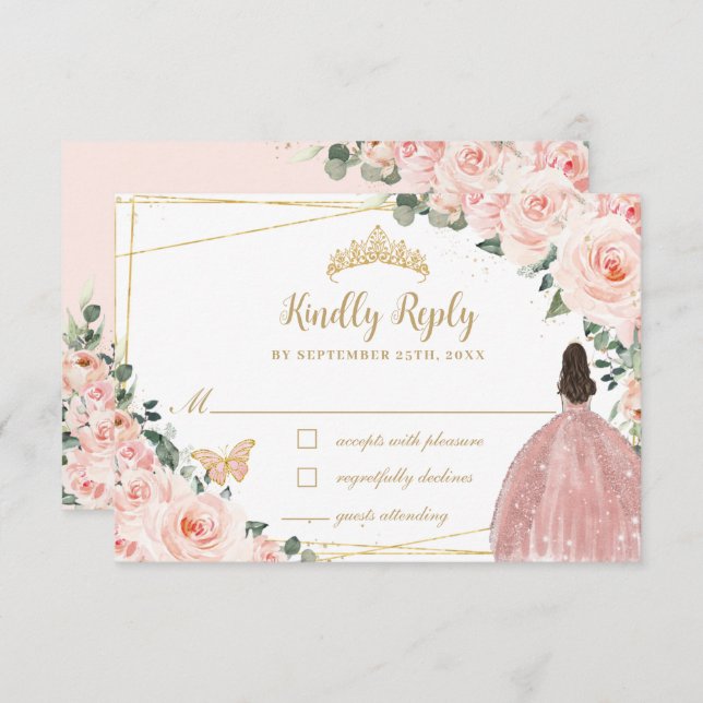 Blush Pink Floral Gold Butterfly Quinceañera Dress RSVP Card (Front/Back)