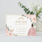 Blush Pink Floral Gold Butterfly Quinceañera Dress RSVP Card (Standing Front)