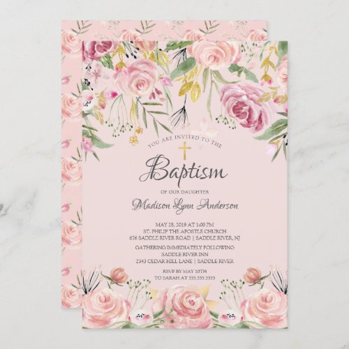 Blush Pink Floral Gold Cross Baptism Invitation