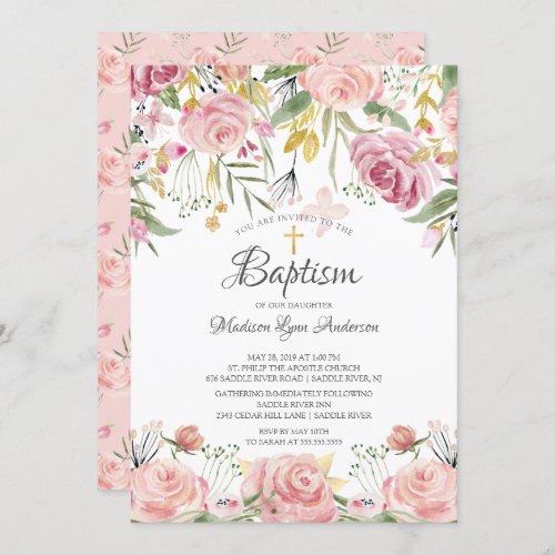 Blush Pink Floral Gold Cross Baptism Invitation