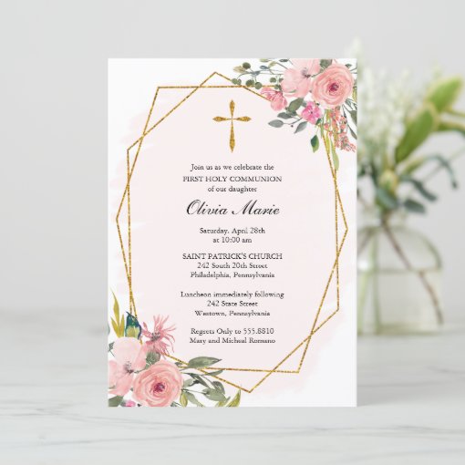 Blush Pink Floral & Gold Cross Communion Invitation | Zazzle