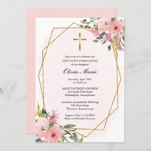 Blush Pink Floral  Gold Cross Communion Invitation