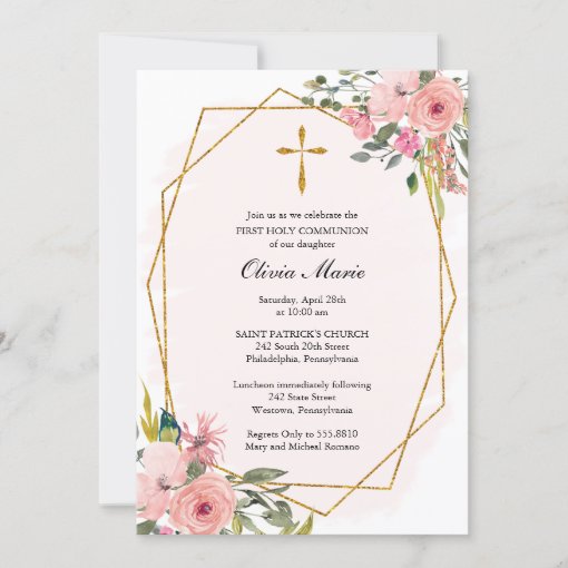 Blush Pink Floral & Gold Cross Communion Invitation | Zazzle