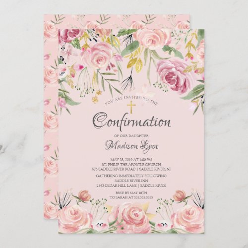 Blush Pink Floral  Gold Cross Confirmation Invitation