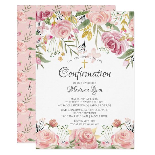 Blush Pink Floral & Gold Cross Confirmation Invitation | Zazzle.com