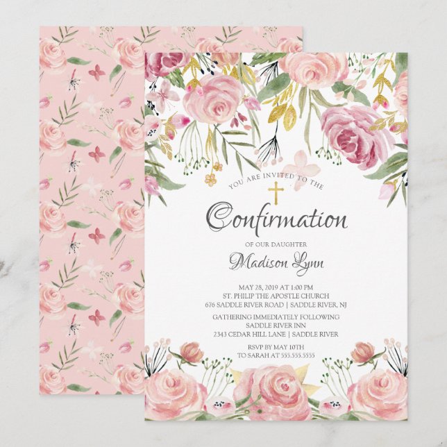 Blush Pink Floral & Gold Cross Confirmation Invitation (Front/Back)